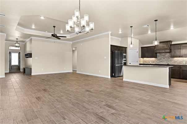 Chandelier, Interior, Kitchen, Pendant Lights, Recessed Lighting, Wood Texture Flooring