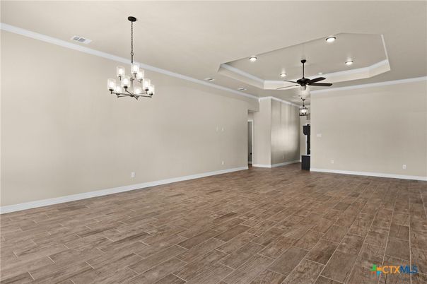 Chandelier, Empty room, Interior, Pendant Lights, Recessed Lighting, Wood Texture Flooring