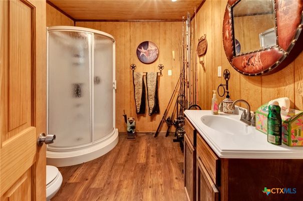 Bathroom, Glass Shower, Interior, Wood Texture Flooring, Wooden Walls