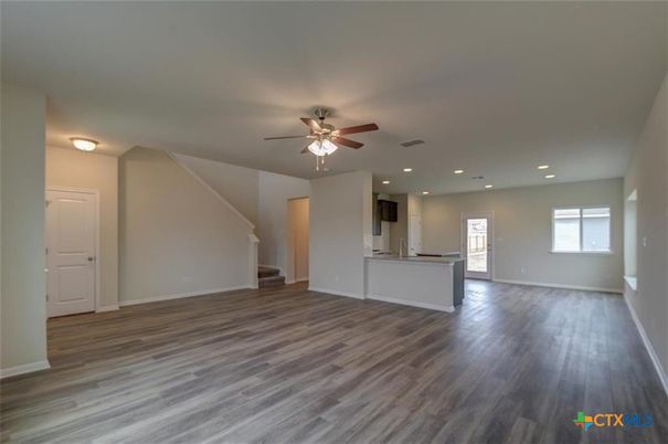 Empty room, Interior, Kitchen, Recessed Lighting, Wood Texture Flooring