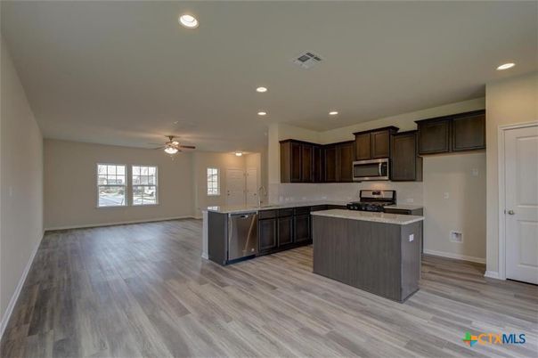 Interior, Kitchen, Recessed Lighting, Stainless Steel Appliances, Wood Texture Flooring