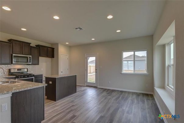 Interior, Kitchen, Recessed Lighting, Stainless Steel Appliances, Wood Texture Flooring