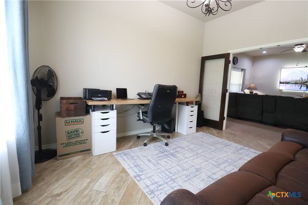 Chandelier, Home Office, Interior, Recessed Lighting, Wood Texture Flooring
