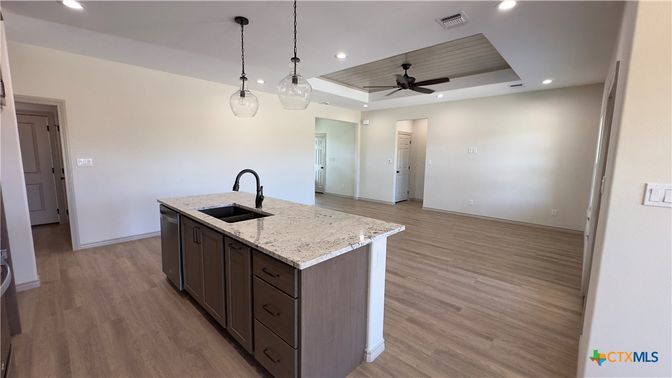 Interior, Kitchen, Pendant Lights, Recessed Lighting, Wood Texture Flooring