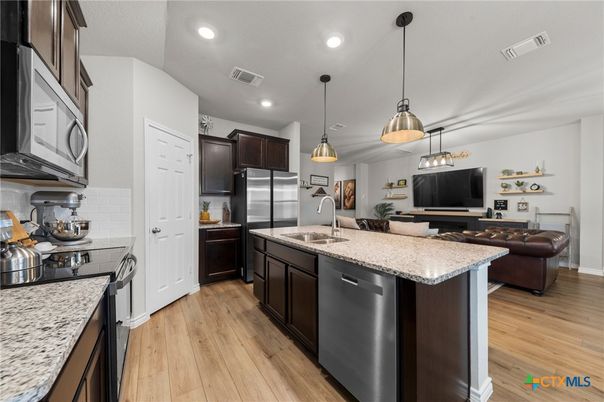 Interior, Kitchen, Pendant Lights, Recessed Lighting, Stainless Steel Appliances, Wood Texture Flooring
