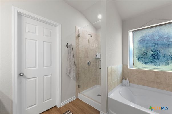 Bathroom, Glass Shower, Interior, Recessed Lighting, Wood Texture Flooring
