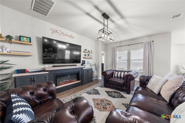 Fireplace, Interior, Living room, Pendant Lights, Wood Texture Flooring