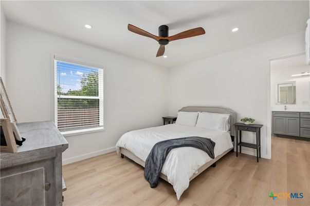 Bedroom, Interior, Recessed Lighting, Wood Texture Flooring