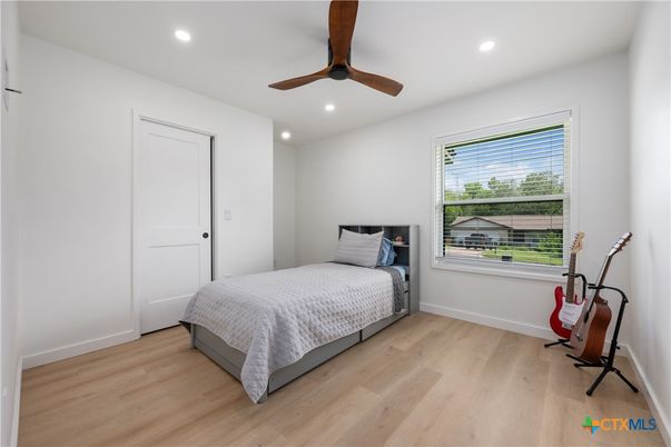 Bedroom, Interior, Recessed Lighting, Wood Texture Flooring