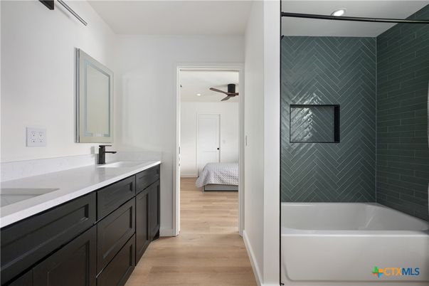 Bathroom, Interior, Recessed Lighting, Wood Texture Flooring