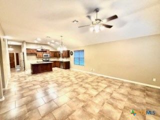 Empty room, Interior, Kitchen, Pendant Lights, Stainless Steel Appliances