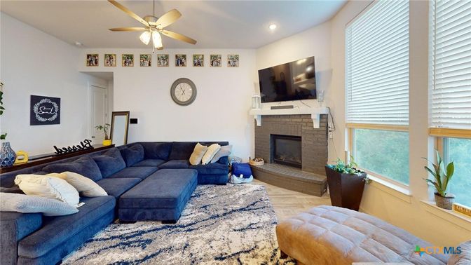 Fireplace, Interior, Living room, Recessed Lighting, Wood Texture Flooring