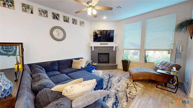 Fireplace, Interior, Living room, Recessed Lighting, Wood Texture Flooring