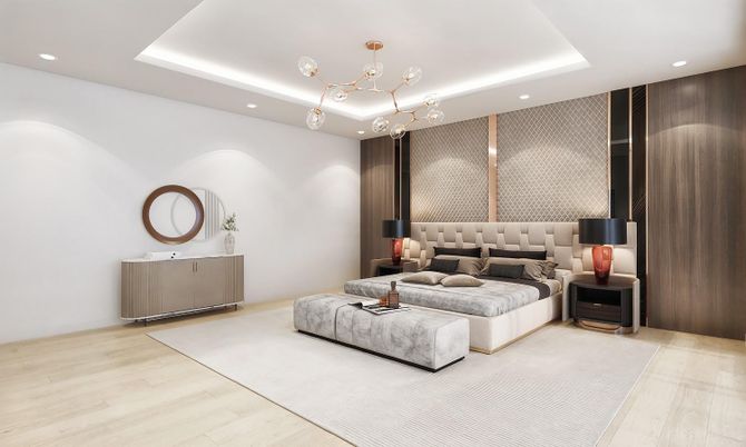 Bedroom, Interior, Pendant Lights, Recessed Lighting, Wood Texture Flooring