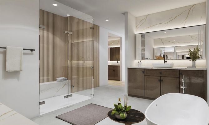 Bathroom, Dual Sink Vanities, Free Standing Baths, Glass Shower, Interior, Marble Walls, Recessed Lighting