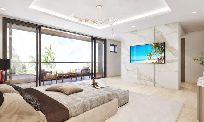 Bedroom, Interior, Marble Walls, Pendant Lights, Recessed Lighting