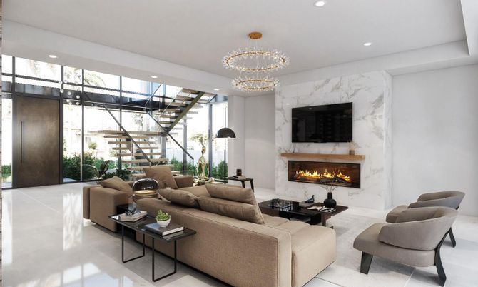 Chandelier, Fireplace, Interior, Living room, Marble Walls, Pendant Lights, Recessed Lighting