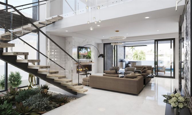 Chandelier, Fireplace, Interior, Living room, Recessed Lighting