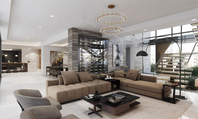 Dining room, Interior, Living room, Pendant Lights, Recessed Lighting, Wine Storage