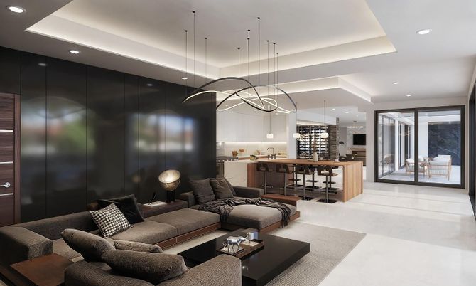 Interior, Living room, Pendant Lights, Recessed Lighting, Wooden Walls