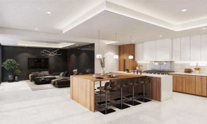 Interior, Kitchen, Living room, Pendant Lights, Recessed Lighting