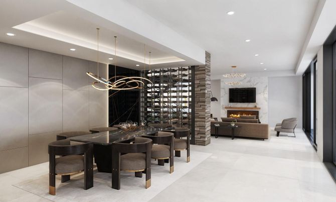 Dining room, Fireplace, Interior, Living room, Pendant Lights, Recessed Lighting, Wine Storage