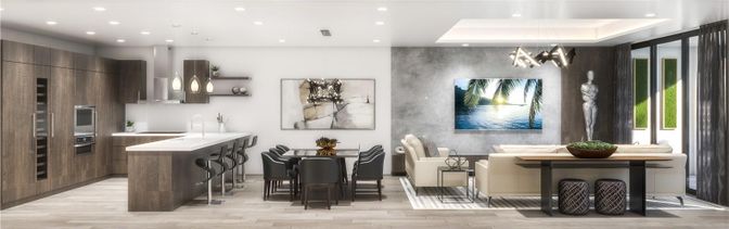 Dining room, Interior, Kitchen, Pendant Lights, Recessed Lighting, Stainless Steel Appliances, Wood Texture Flooring