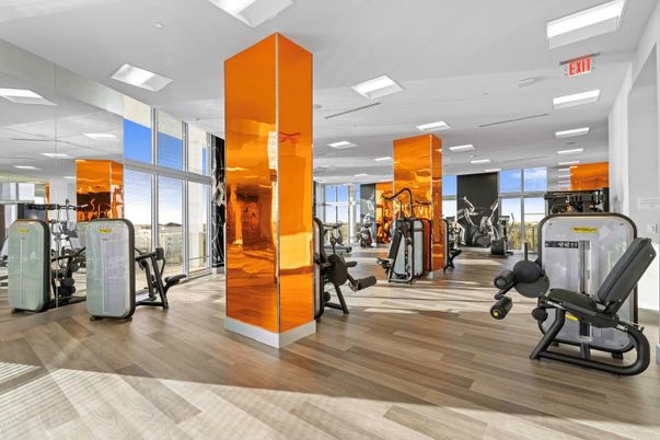Fitness Equipment, Gym, Interior, Recessed Lighting, Wood Texture Flooring