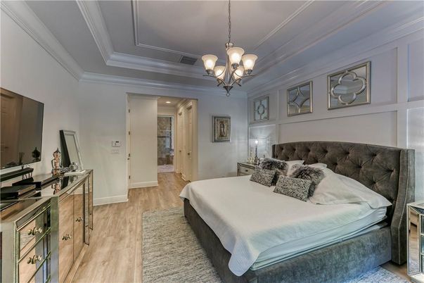 Bedroom, Chandelier, Interior, Recessed Lighting, Wood Texture Flooring
