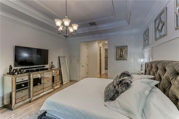 Bedroom, Chandelier, Interior, Wood Texture Flooring