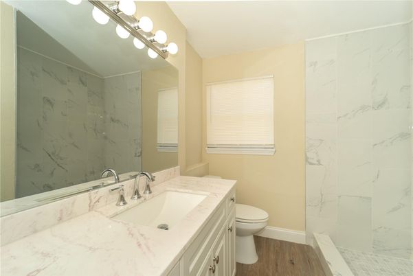 Bathroom, Interior, Marble Walls, Wood Texture Flooring