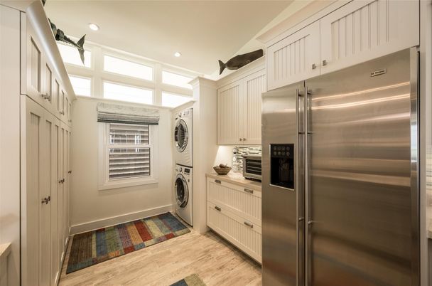 Interior, Kitchen, Recessed Lighting, Stainless Steel Appliances, Washer, Wood Texture Flooring