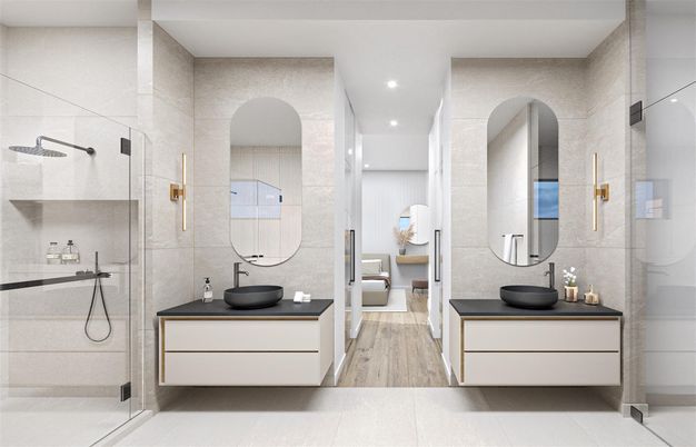 Bathroom, Dual Sink Vanities, Glass Shower, Interior, Recessed Lighting, Wood Texture Flooring