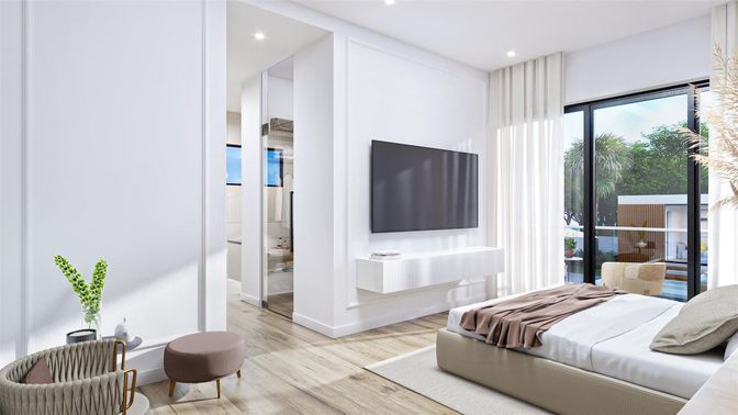 Bedroom, Interior, Recessed Lighting, Wood Texture Flooring
