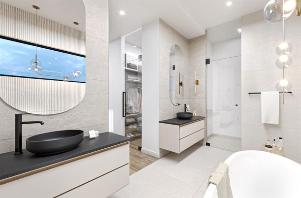 Bathroom, Dual Sink Vanities, Free Standing Baths, Glass Shower, Interior, Pendant Lights, Recessed Lighting