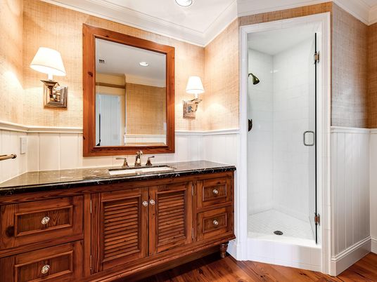 Bathroom, Glass Shower, Interior, Recessed Lighting, Wood Texture Flooring