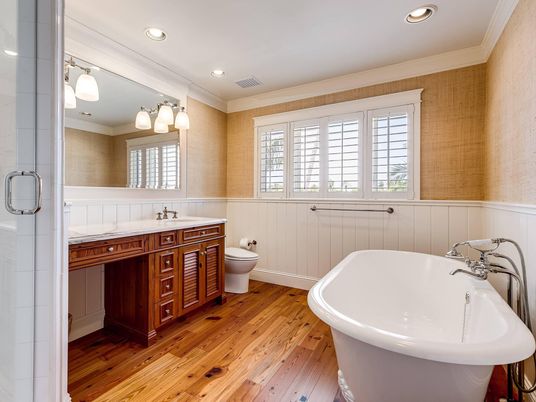 Bathroom, Dual Sink Vanities, Free Standing Baths, Interior, Recessed Lighting, Wood Texture Flooring