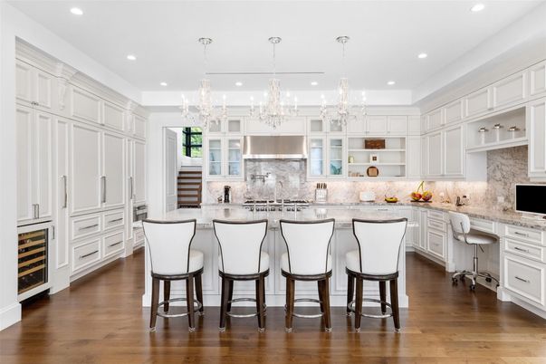 Chandelier, Interior, Kitchen, Recessed Lighting, Stainless Steel Appliances, Wood Texture Flooring