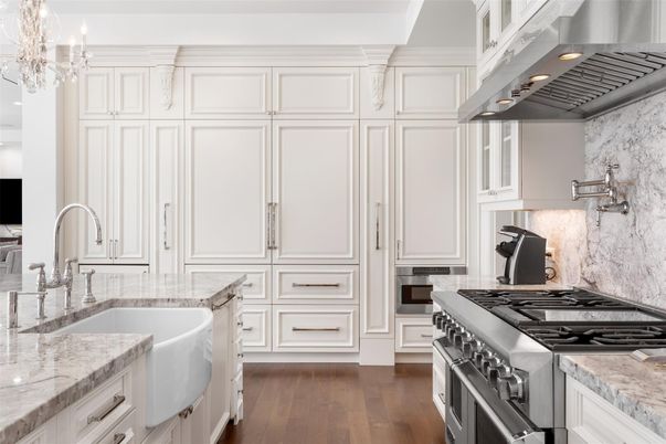 Chandelier, Interior, Kitchen, Recessed Lighting, Stainless Steel Appliances, Wood Texture Flooring