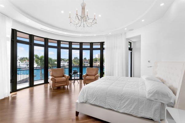 Bedroom, Chandelier, Interior, Recessed Lighting, Water, Wood Texture Flooring