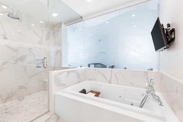 Bathroom, Glass Shower, Interior, Marble Walls, Recessed Lighting