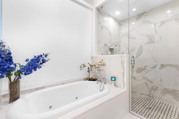 Bathroom, Glass Shower, Interior, Marble Walls, Recessed Lighting