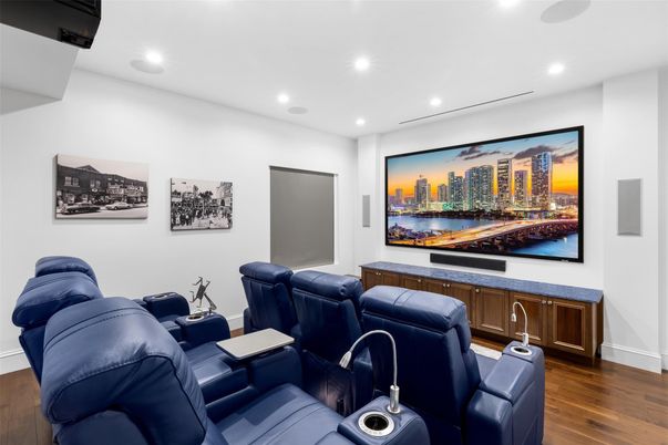 Home Theatre Room, Interior, Projection Screen, Recessed Lighting, Theatre Room, Wood Texture Flooring