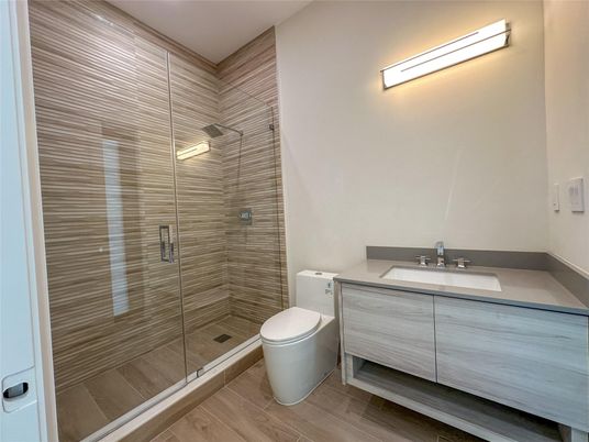 Bathroom, Glass Shower, Interior, Wood Texture Flooring