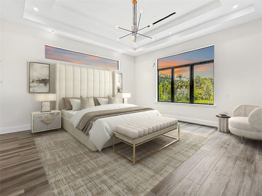 Bedroom, Interior, Pendant Lights, Recessed Lighting, Wood Texture Flooring
