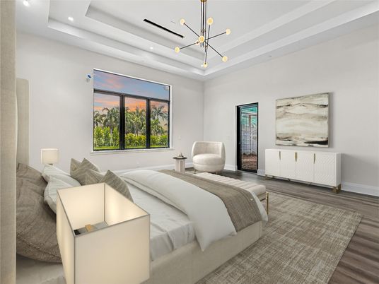 Bedroom, Interior, Pendant Lights, Recessed Lighting, Wood Texture Flooring