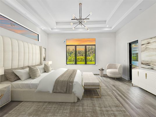 Bedroom, Interior, Pendant Lights, Recessed Lighting, Wood Texture Flooring