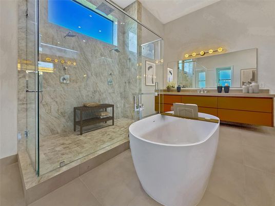 Bathroom, Dual Sink Vanities, Free Standing Baths, Glass Shower, Interior, Marble Walls