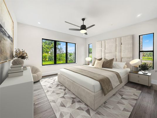 Bedroom, Interior, Recessed Lighting, Wood Texture Flooring
