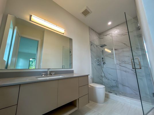 Bathroom, Glass Shower, Interior, Marble, Marble Walls, Recessed Lighting